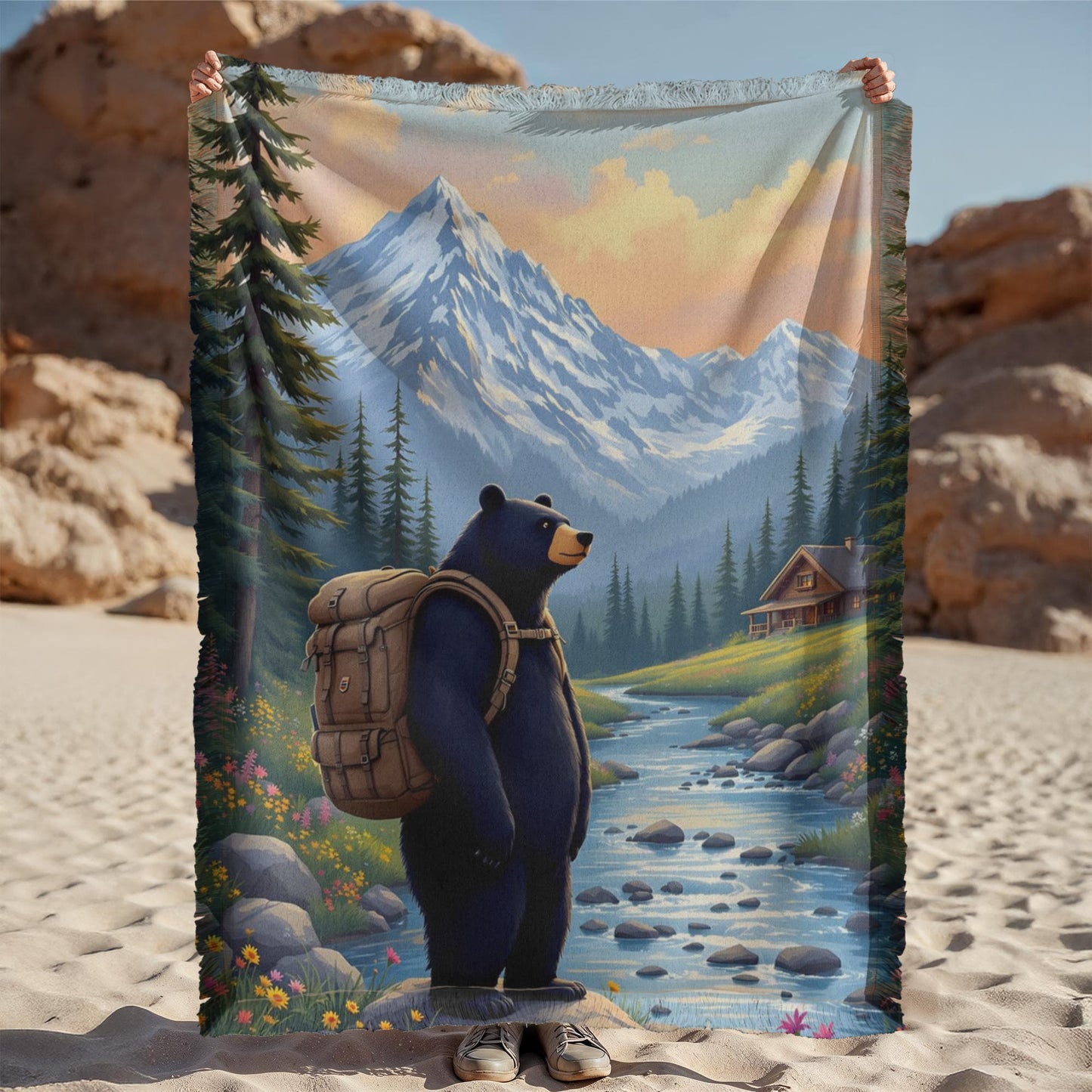 Camping Mountain Cabin Woven Throw Blanket