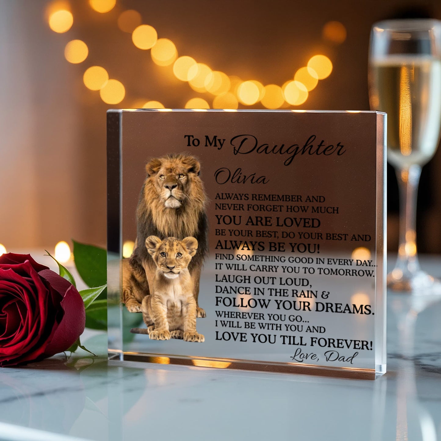 Personalized Daughter Gift, Lion and Cub Plaque, Custom Acrylic Block, Sentimental Desk Decor, Keepsake for Her, Birthday Gift