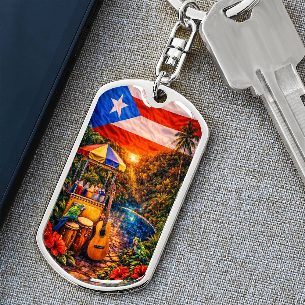 Engraved Puerto Rico Flag Latin American Culture Dog Tag Necklace or Keychain