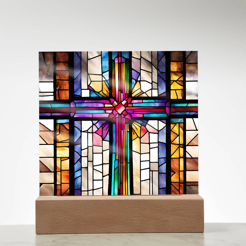 LED Acrylic Cross - Baptism Easter and Confirmation Gift - Faux Stained Glass Decor