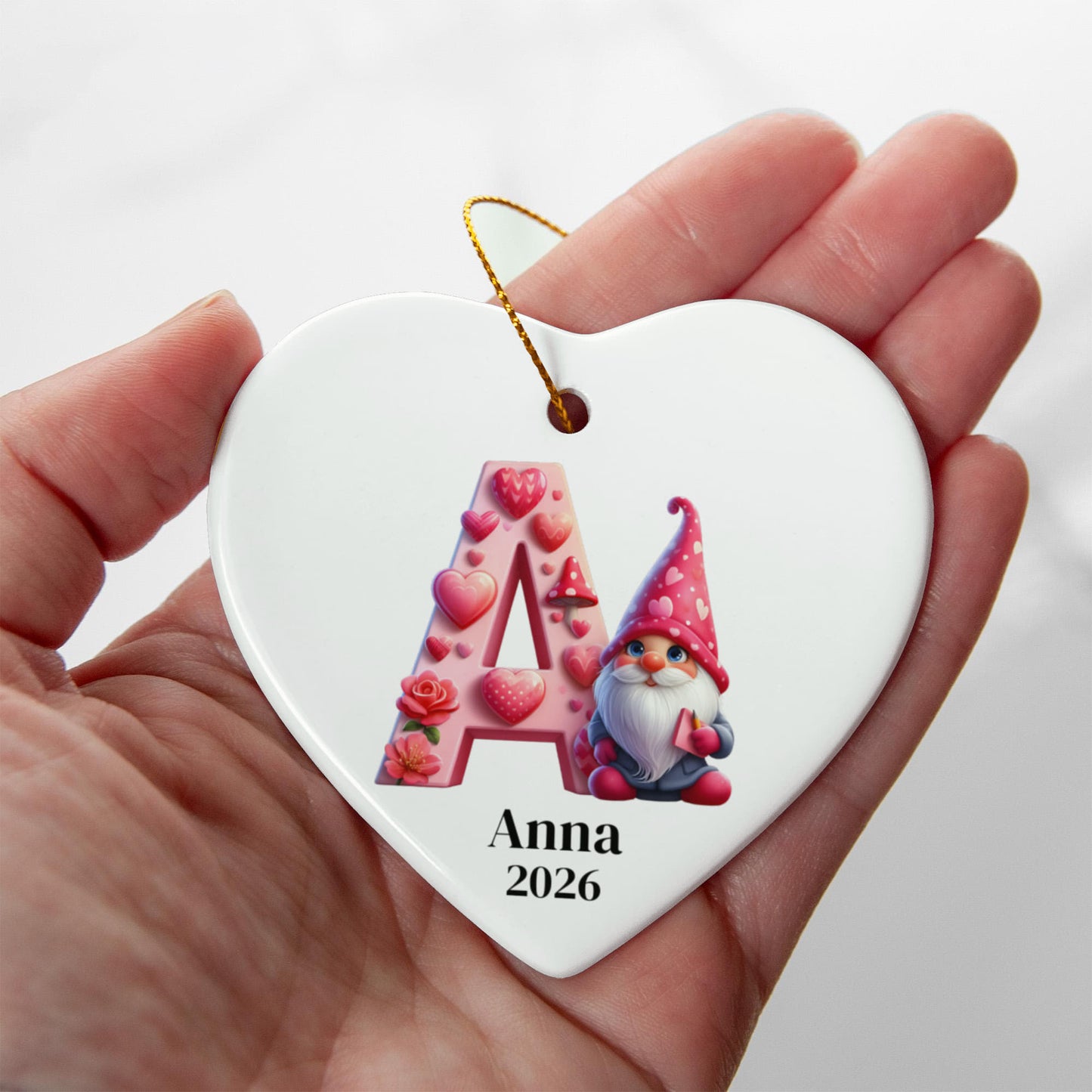 Personalized Heart Ornament, Pink Gnome Christmas Gift, Custom Holiday Decoration, Galentine's Heart Gift for Friend, Monogram, Initial