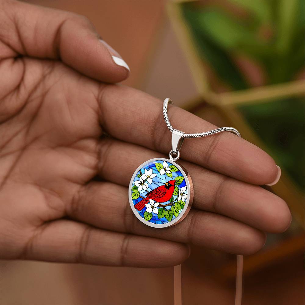 Cardinal Faux Stain Glass Pendant Necklace