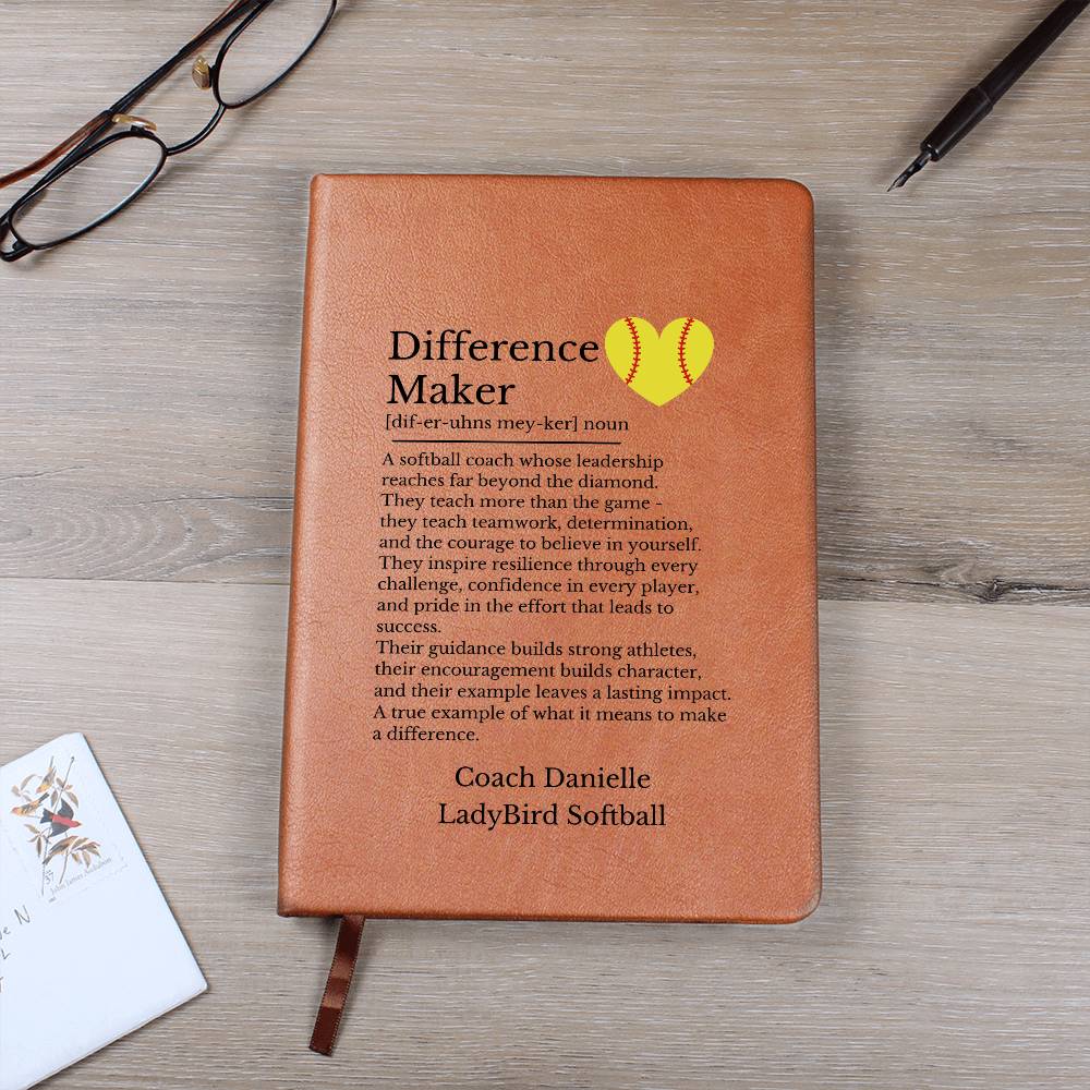 Softball Coach Gift, Leather Journal for Coaches, Inspirational Notebook, Personalized Gift for Mentor, Vegan Leather Diary, Teacher Appreciation