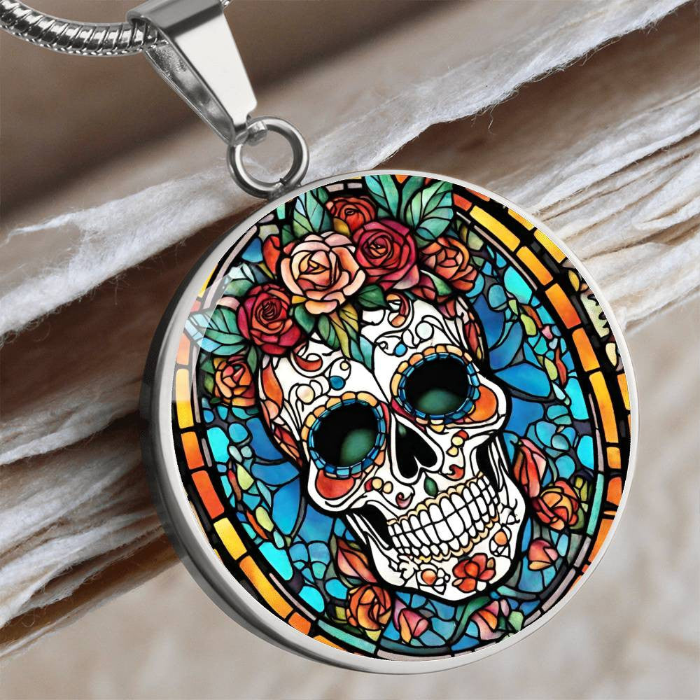 Mexican Sugar Skull Calavera  Round Pendant Necklace in Gold or silver-[Heartfelt Family Gift]