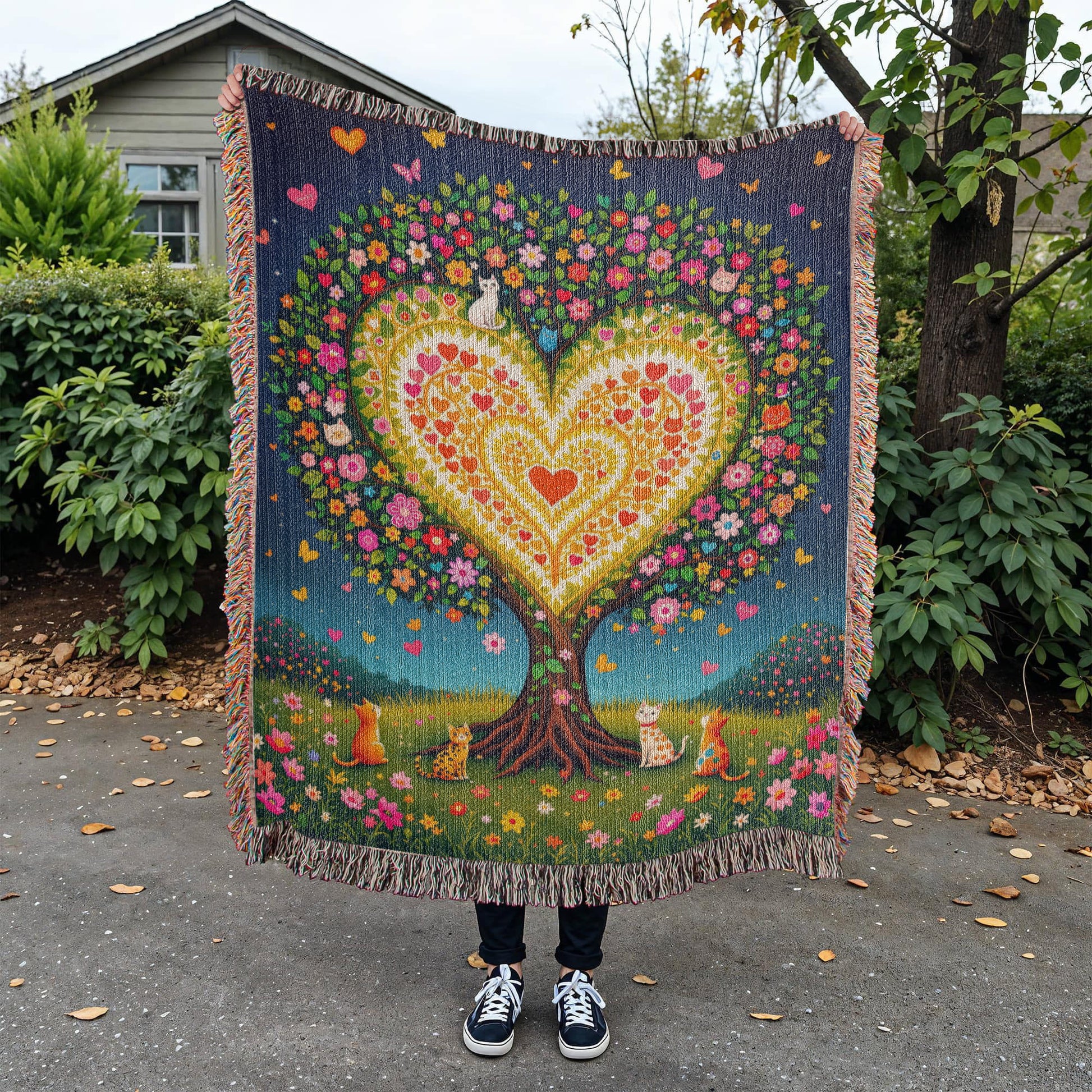 Cat Tree of Life Woven Cotton Throw Blanket-[Heartfelt Family Gift]