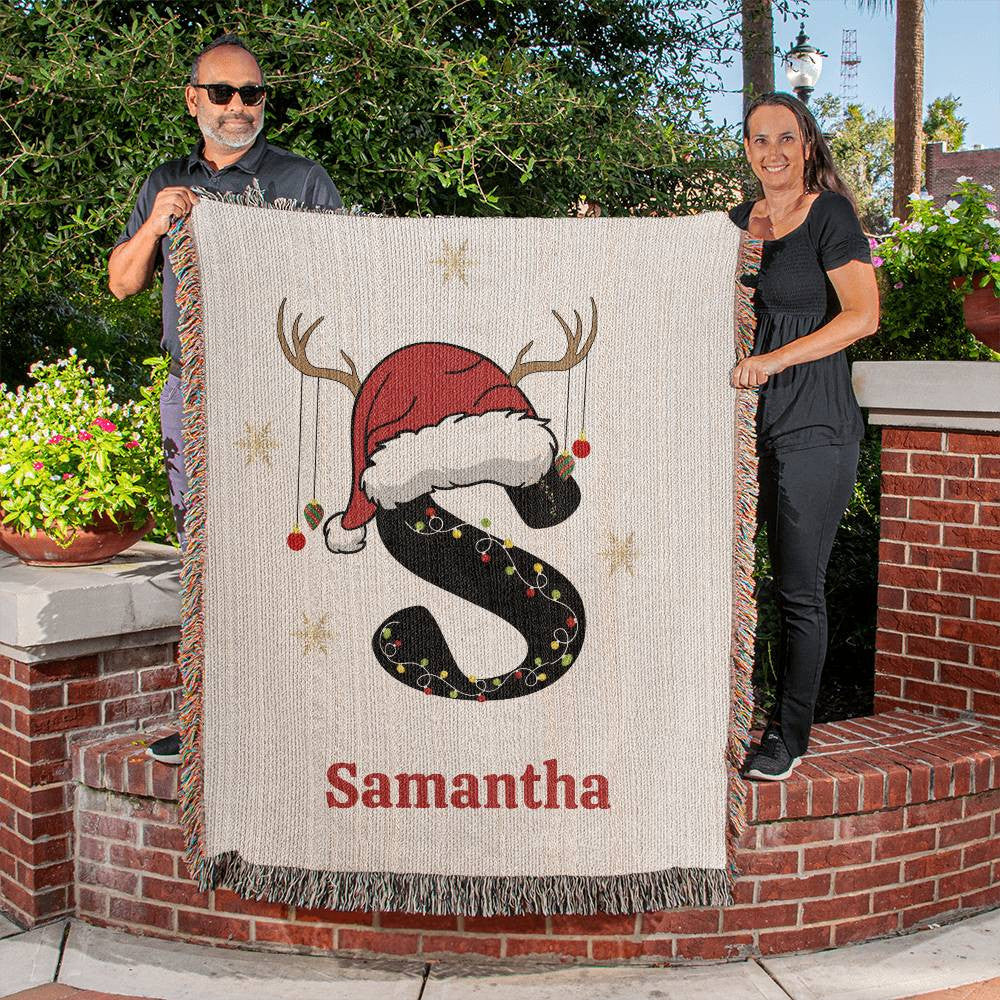 Christmas Lights Name Initial Woven Blanket-[Heartfelt Family Gift]