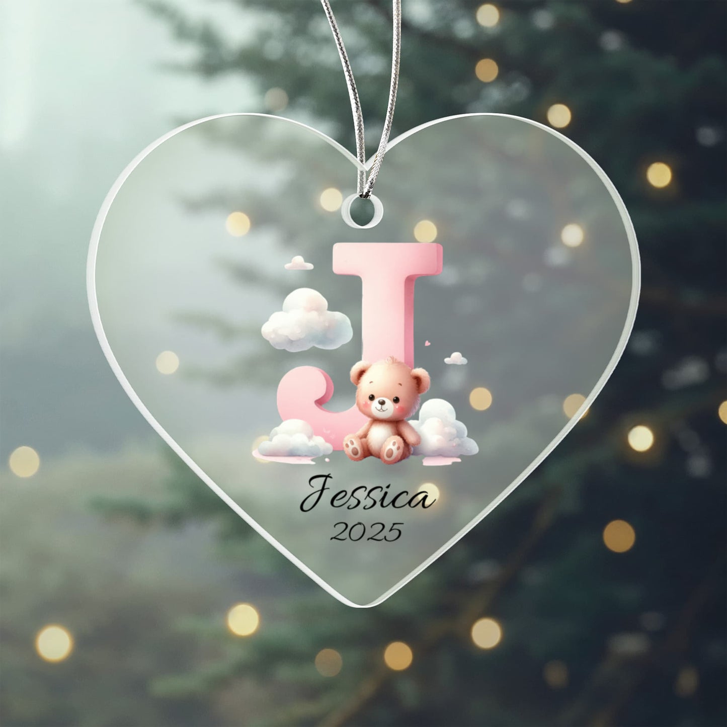 Pink Teddy Bear Acrylic Heart Ornament