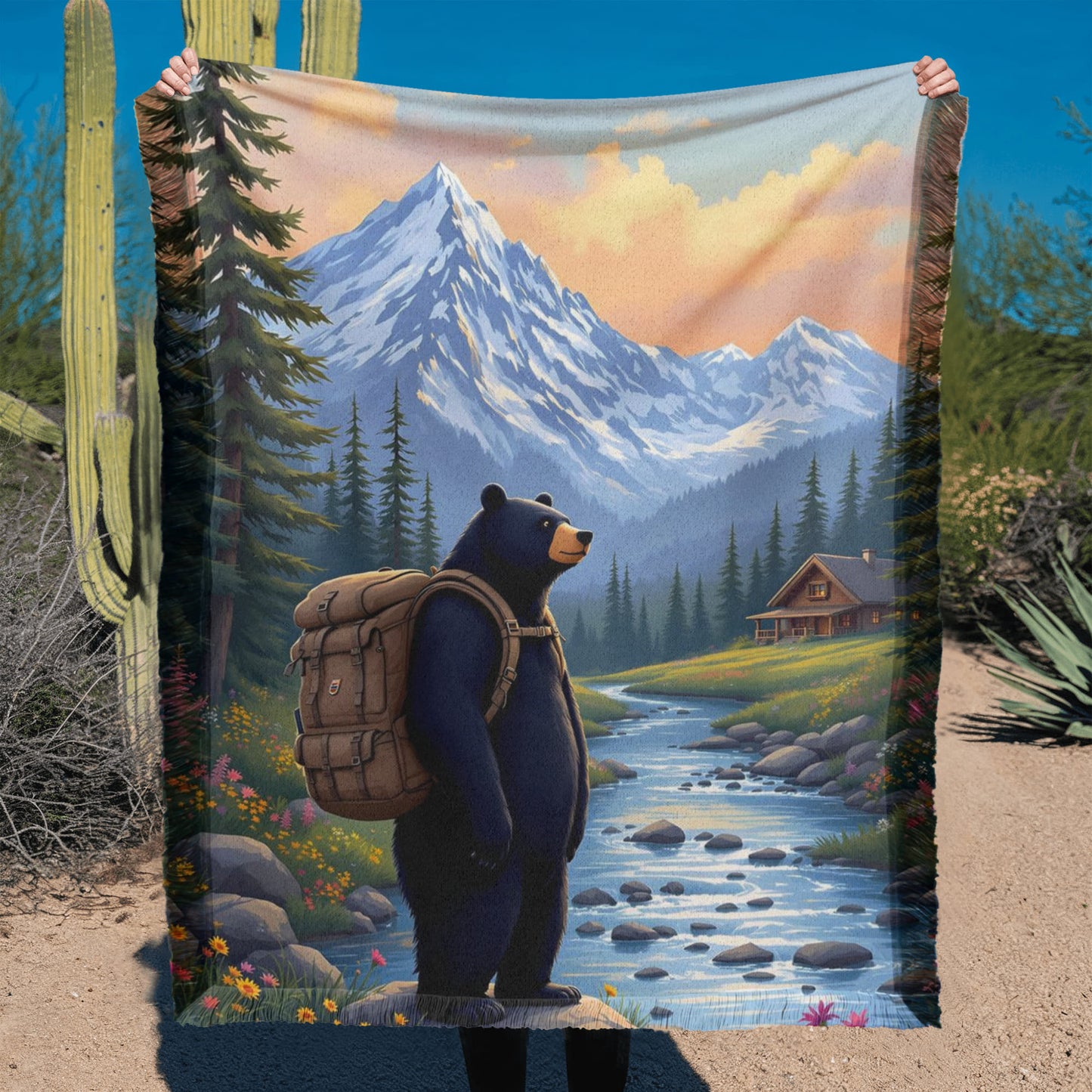 Camping Mountain Cabin Woven Throw Blanket