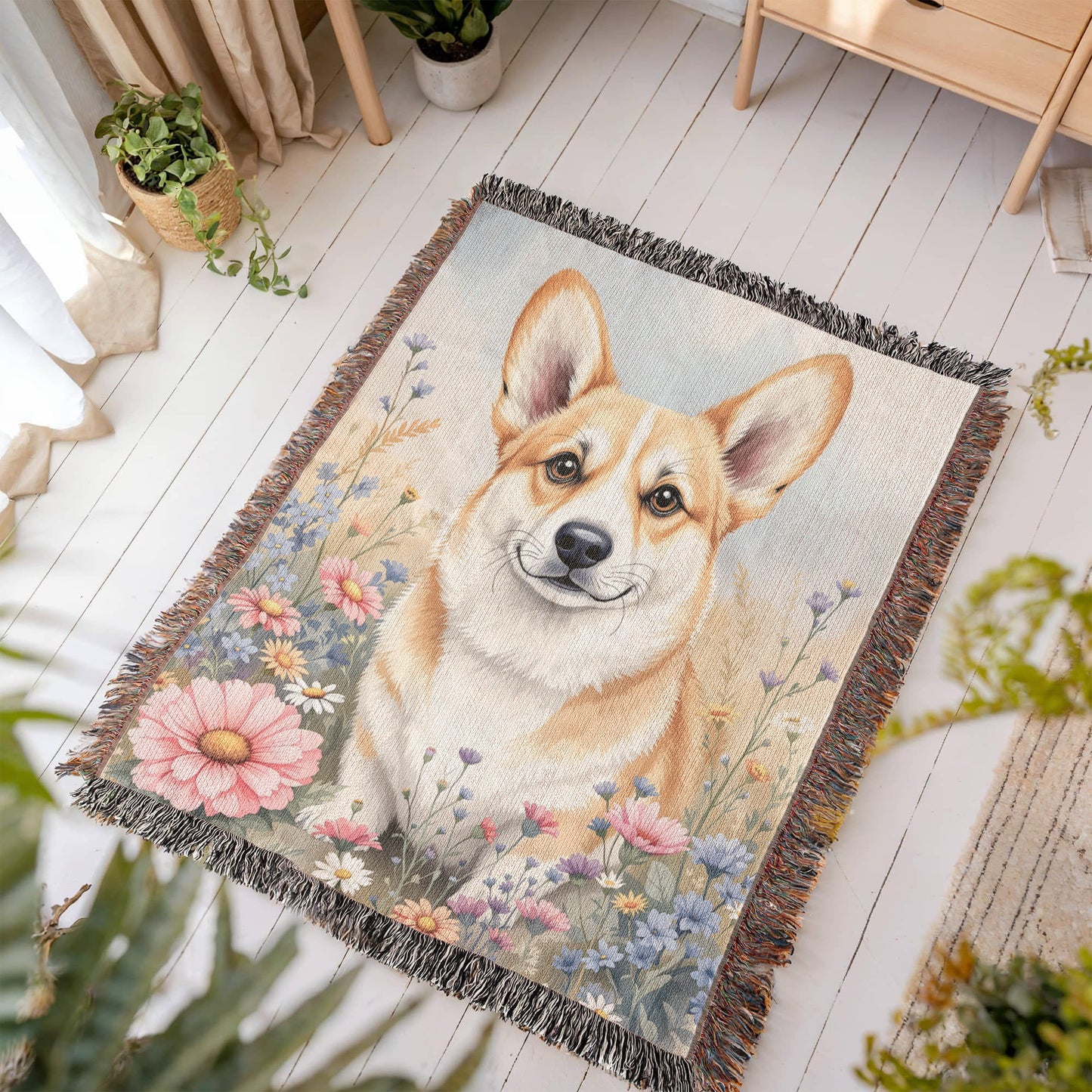 Corgi Dog WIldflower Woven Cotton Blanket-[Heartfelt Family Gift]