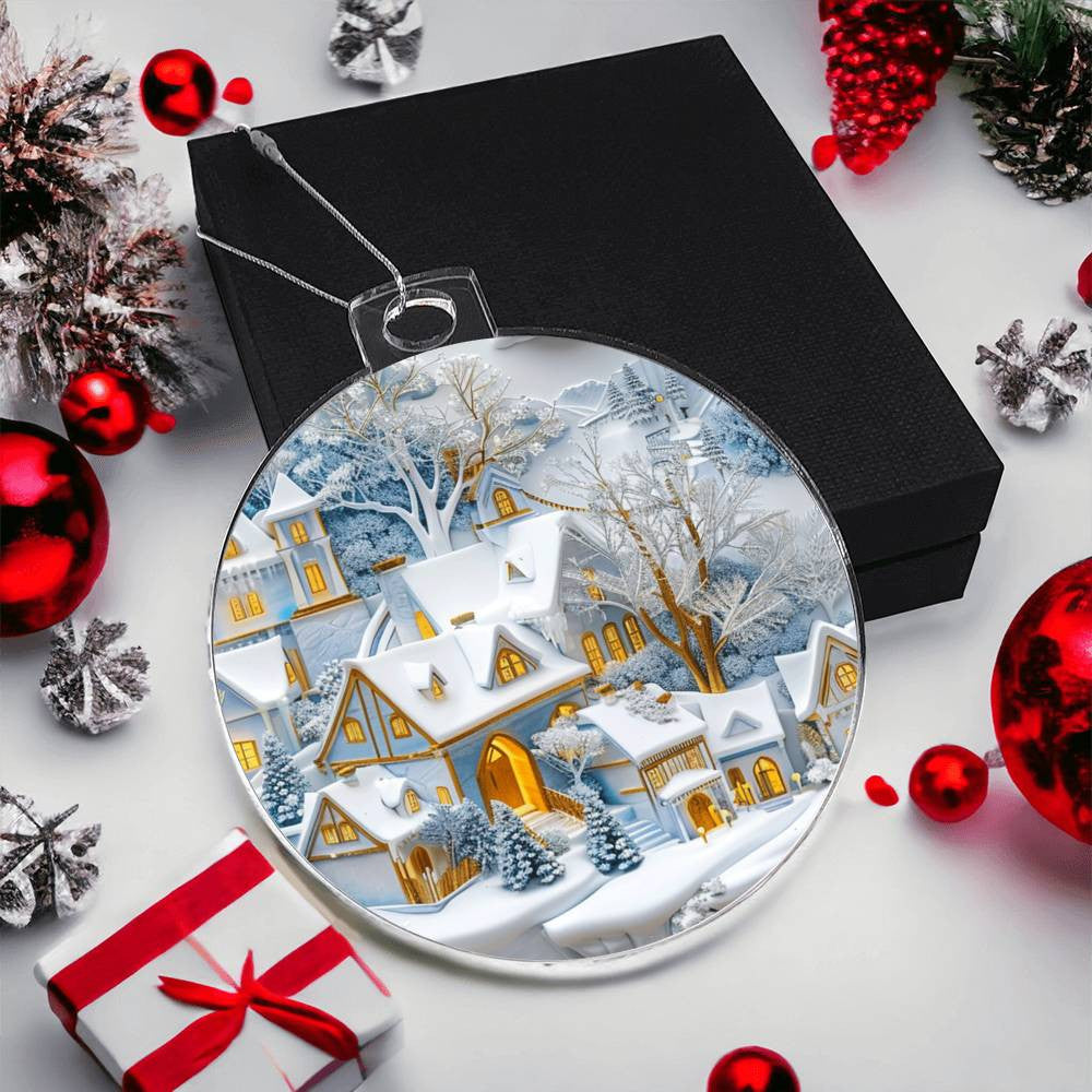 Blue Snow Covered Village Acrylic Christmas Ornament-[Heartfelt Family Gift]