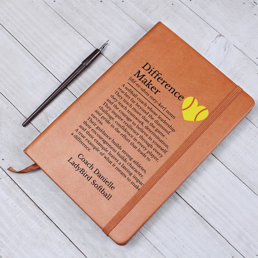 Softball Coach Gift, Leather Journal for Coaches, Inspirational Notebook, Personalized Gift for Mentor, Vegan Leather Diary, Teacher Appreciation