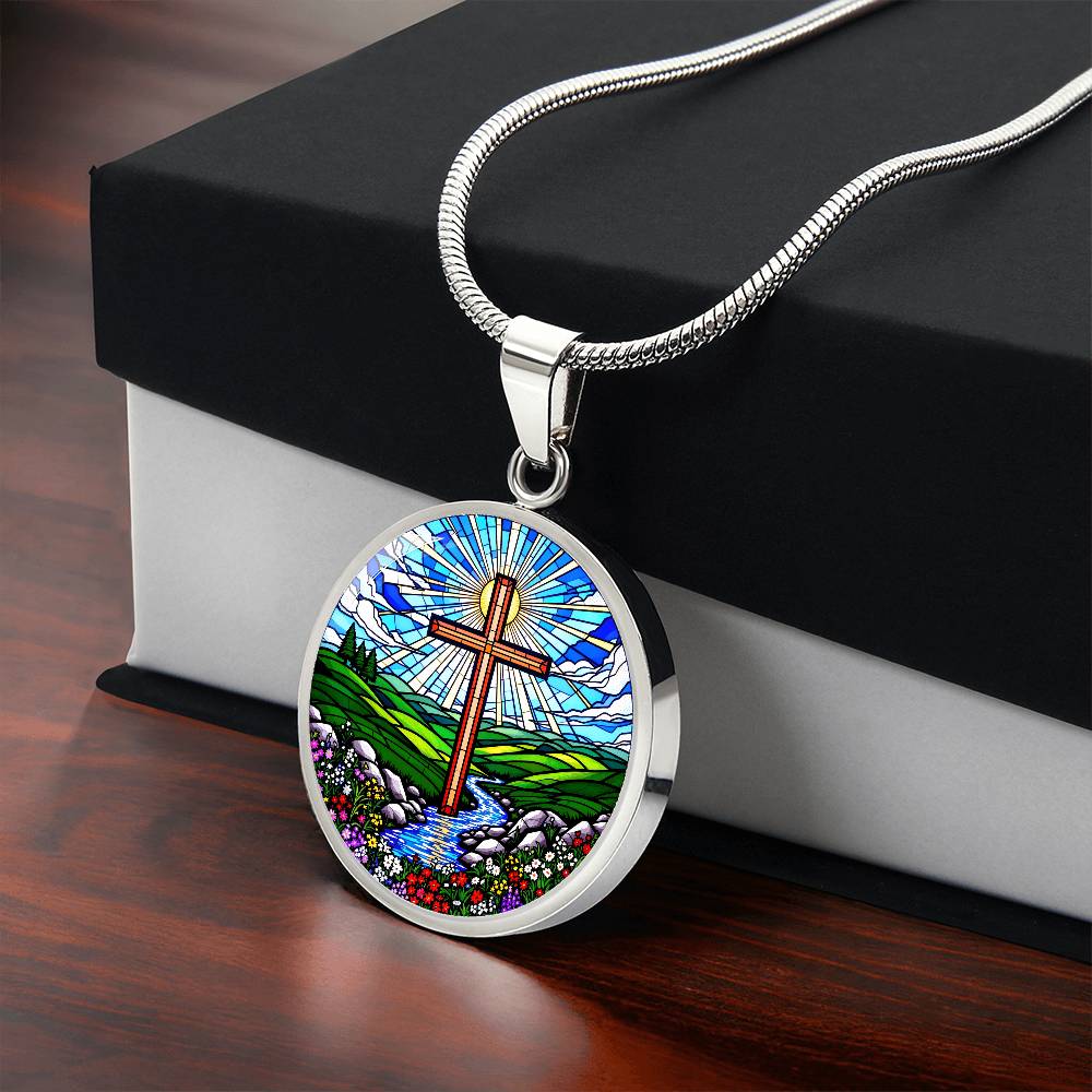 Cross Faux Stain Glass Pendant Necklace