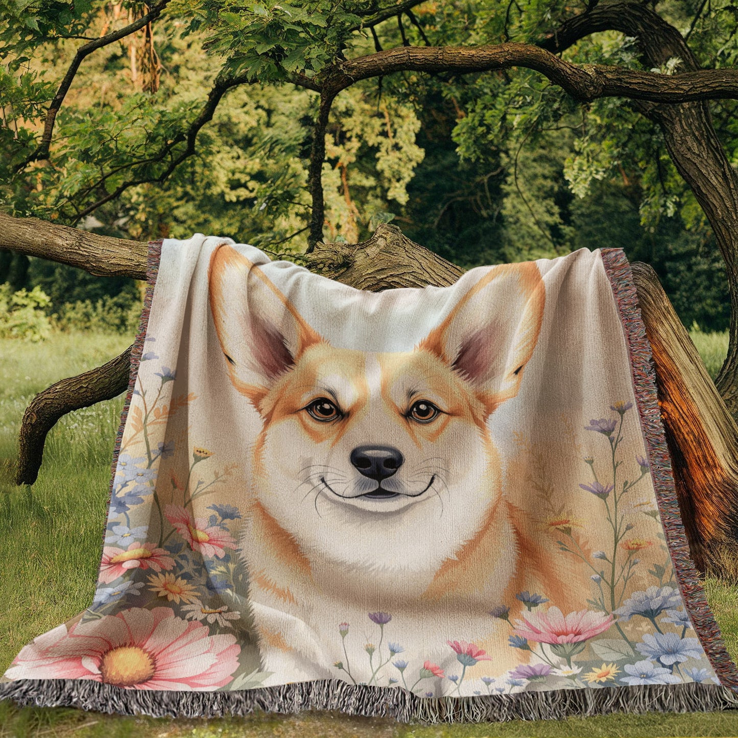 Corgi Dog WIldflower Woven Cotton Blanket-[Heartfelt Family Gift]