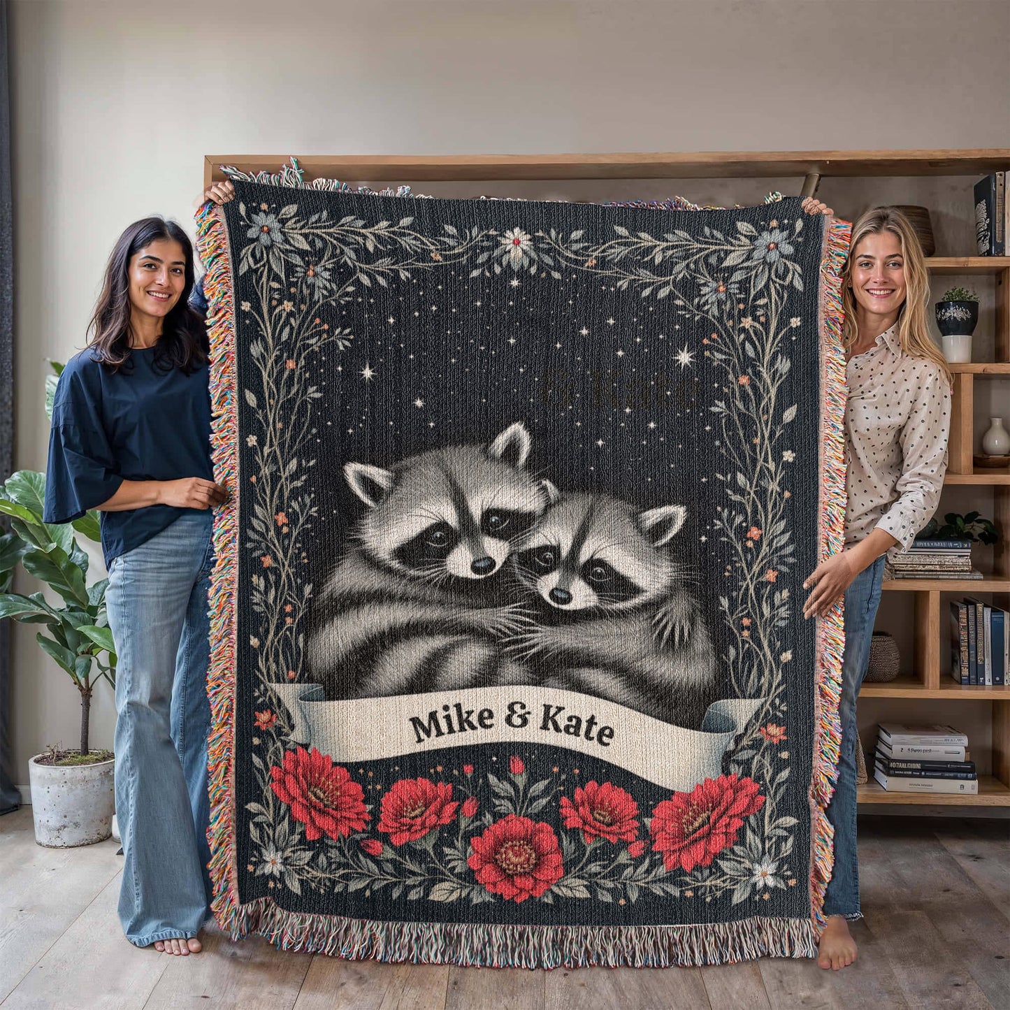 Personalized Raccoon Couple Woven Cotton Throw Blanket-[Heartfelt Family Gift]