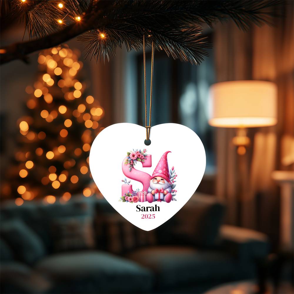 Personalized Heart Ornament, Pink Gnome Christmas Gift, Custom Holiday Decoration, Galentine's Heart Gift for Friend, Monogram, Initial