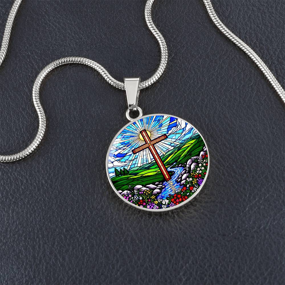 Cross Faux Stain Glass Pendant Necklace