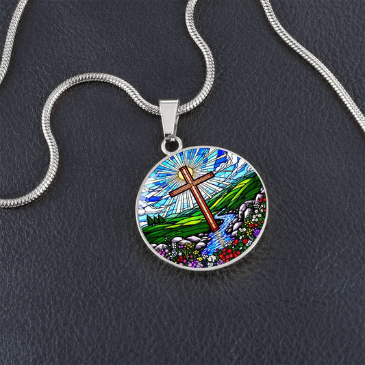 Cross Faux Stain Glass Pendant Necklace