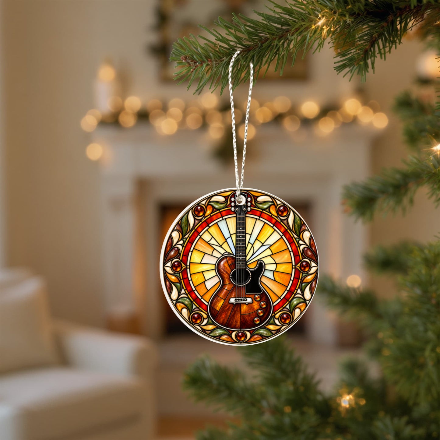 Electric Guitar Christmas Ornament, Music Lover Tree Decor, Stained Glass Style Acrylic Hanging Holiday Gift for Guitarists