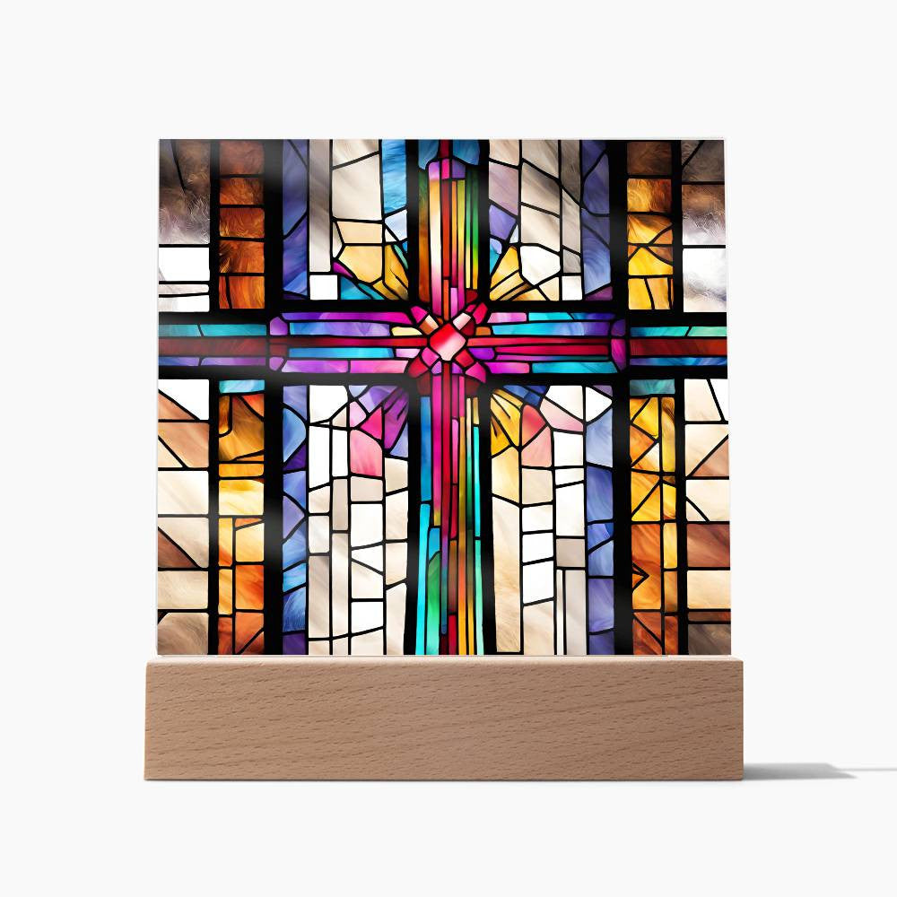LED Acrylic Cross - Baptism Easter and Confirmation Gift - Faux Stained Glass Decor