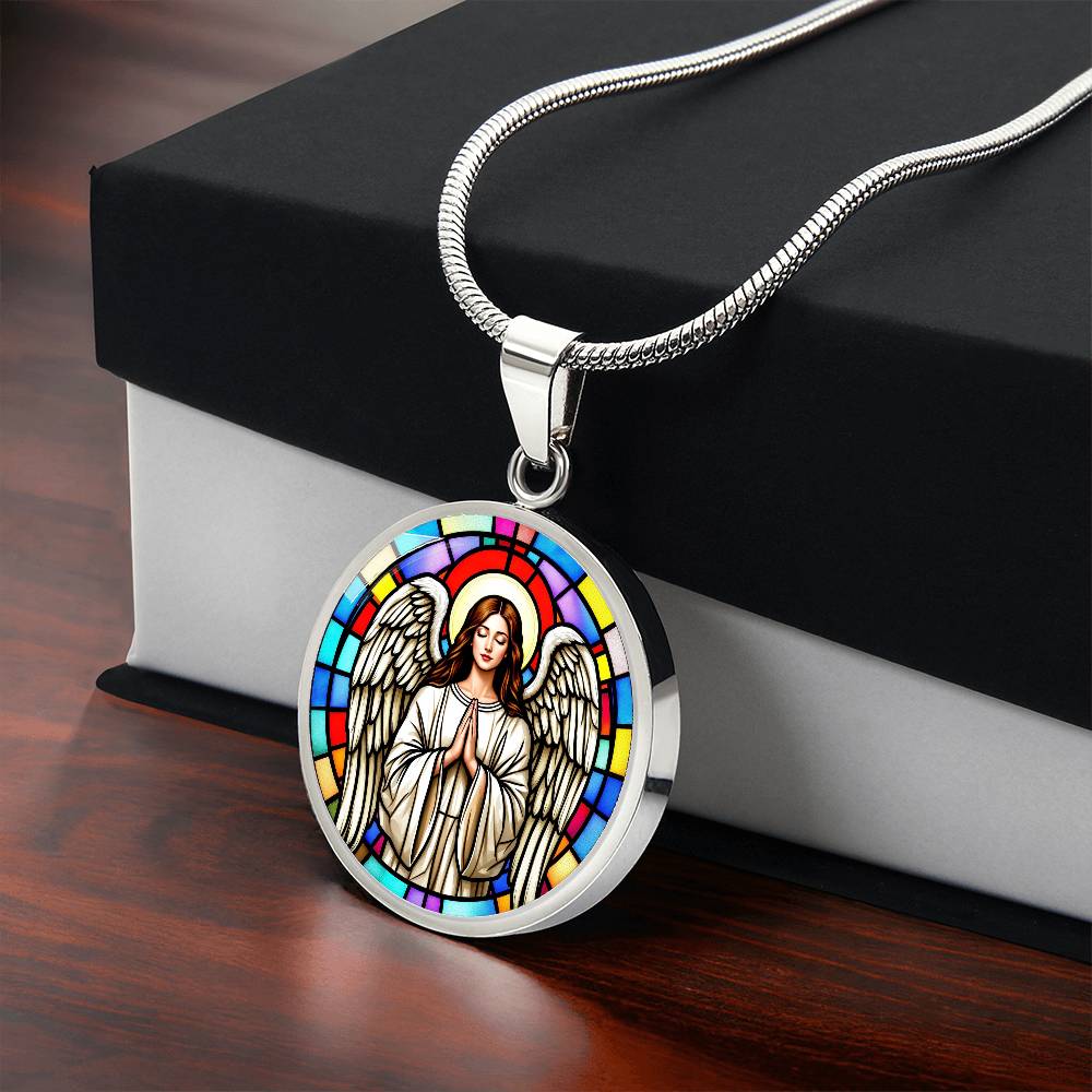 Guardian Angel Faux Stain Glass Pendant Necklace