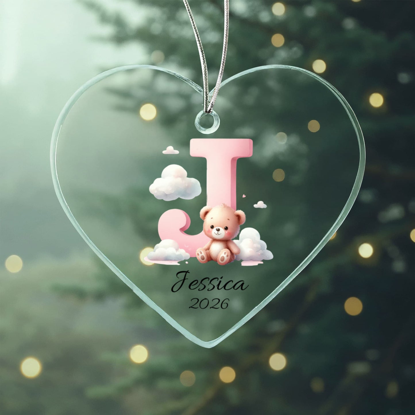 Pink Teddy Bear Acrylic Heart Ornament