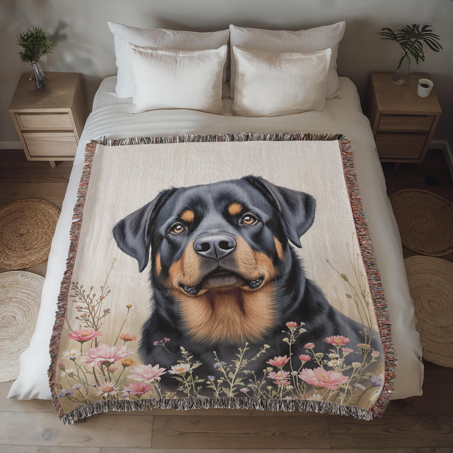 Rottweiler Wildflower Woven Cotton Throw Blanket-[Heartfelt Family Gift]
