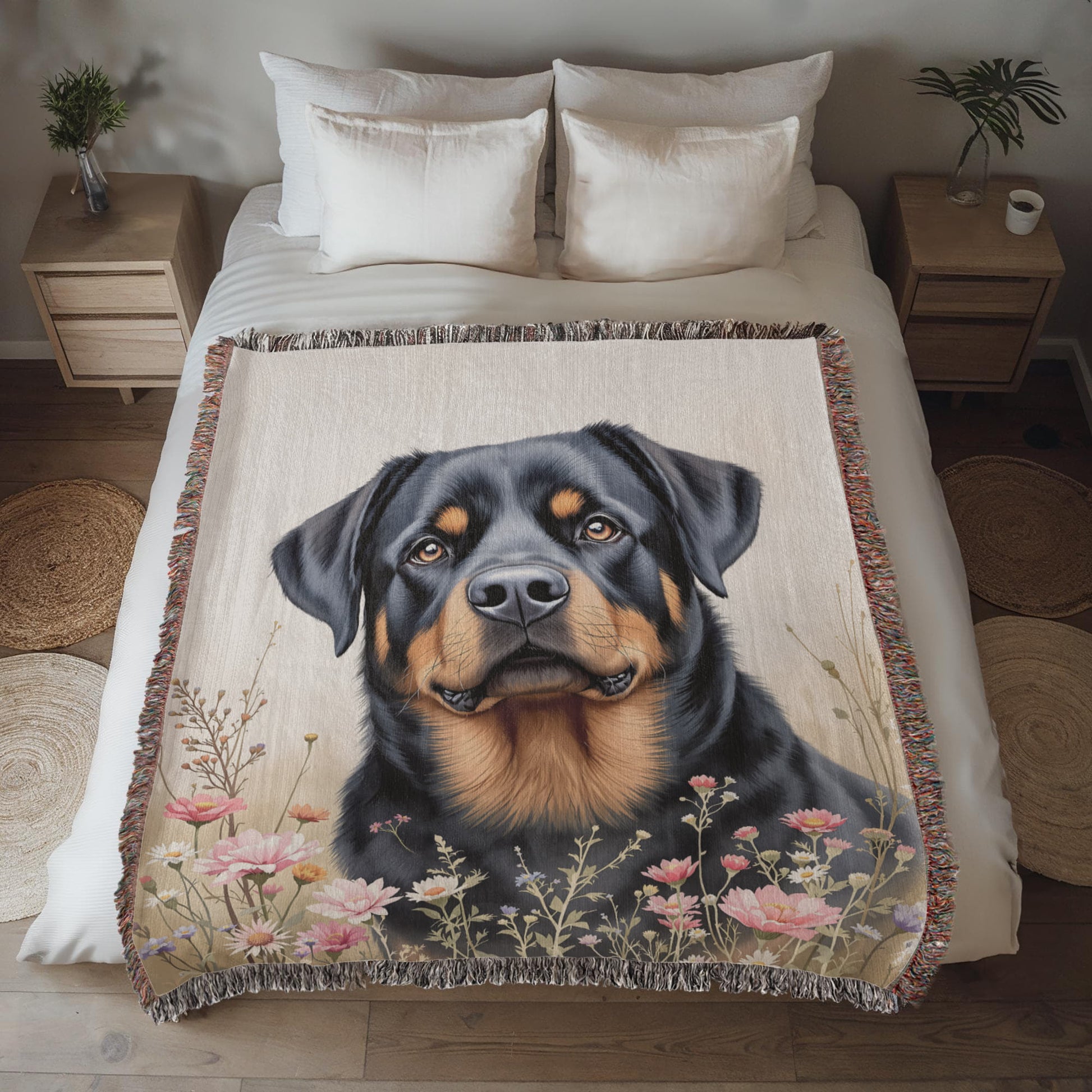 Rottweiler Wildflower Woven Cotton Throw Blanket-[Heartfelt Family Gift]