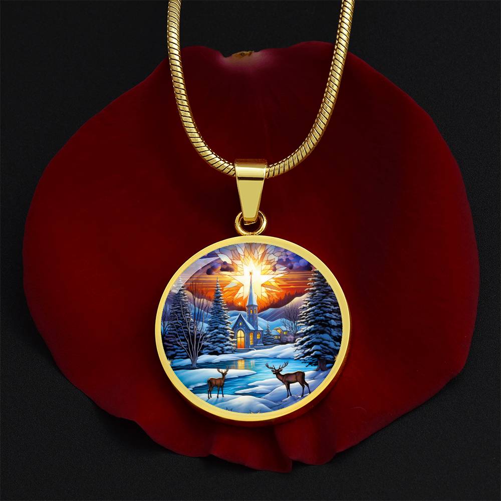 Snowy Church and Deer Pet Necklace