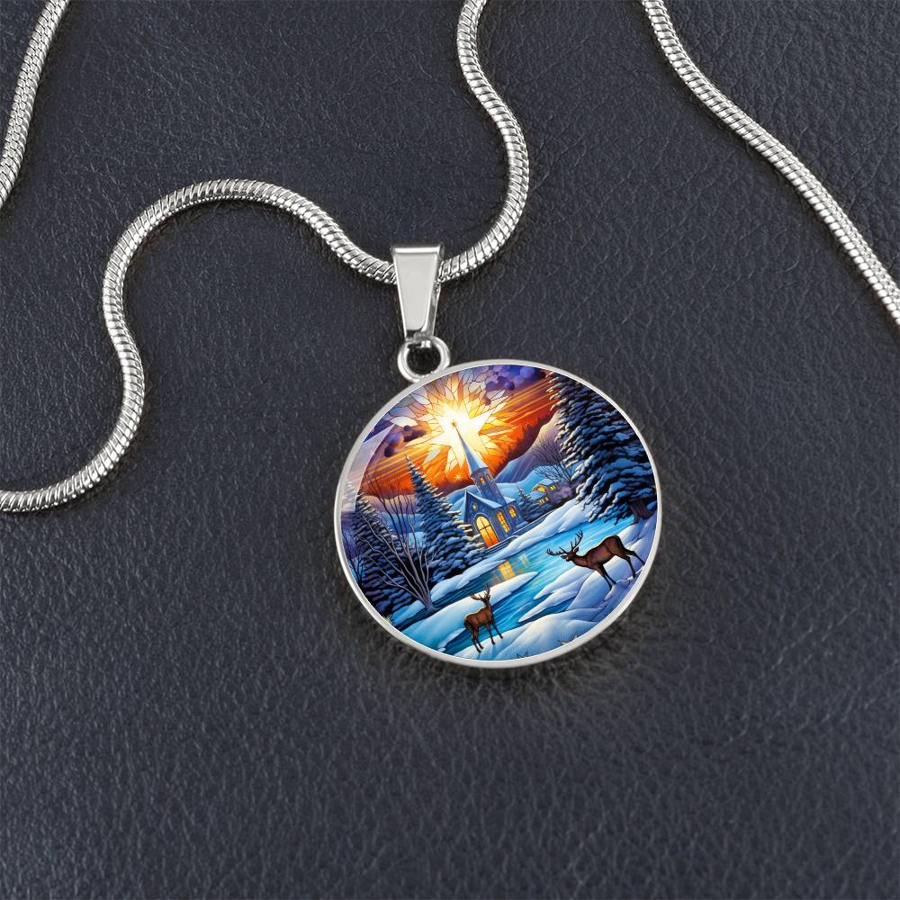 Snowy Church and Deer Pet Necklace