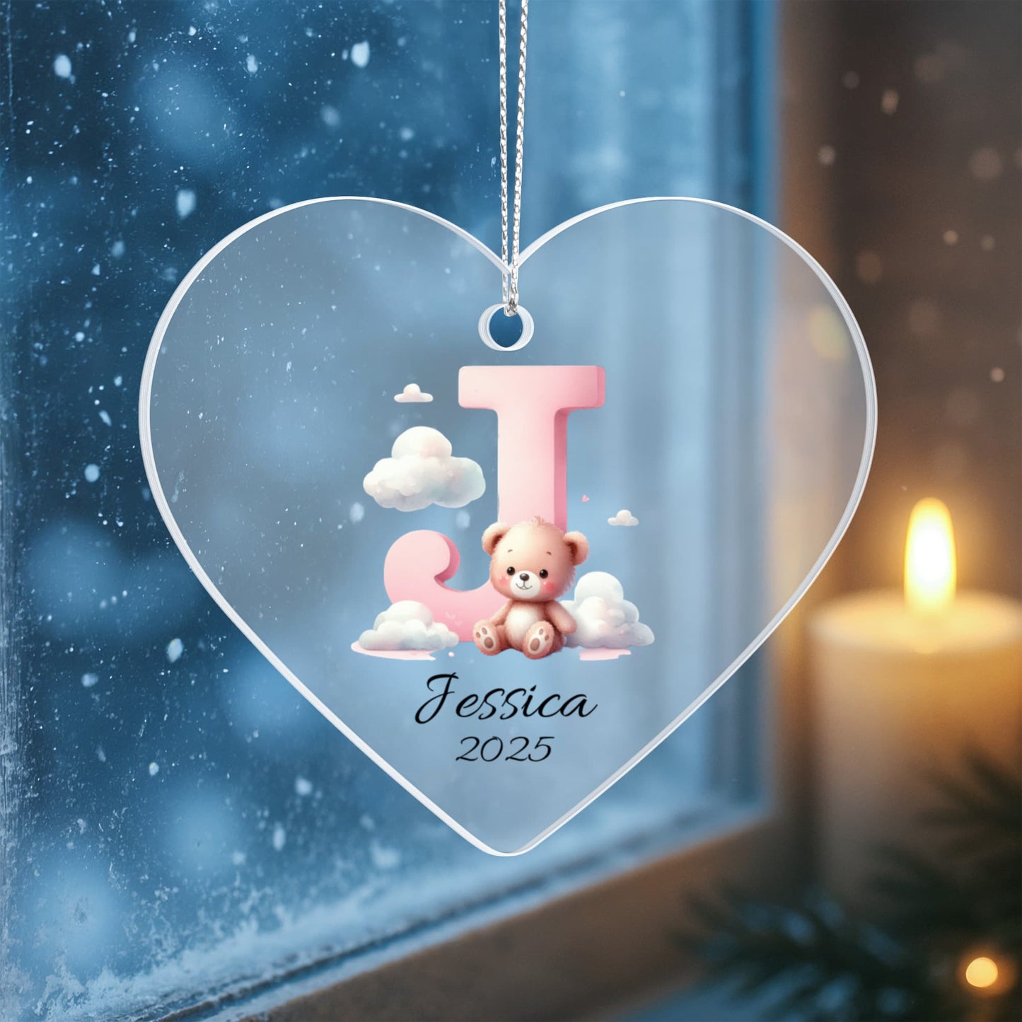 Pink Teddy Bear Acrylic Heart Ornament