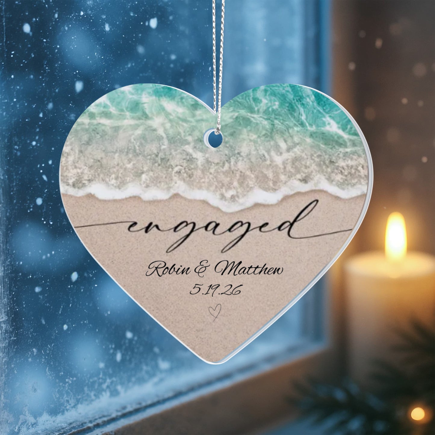 Acrylic Heart Beach Ornament, Personalized Engagement Keepsake, Beach Theme Wedding, Custom Names in Sand Gift