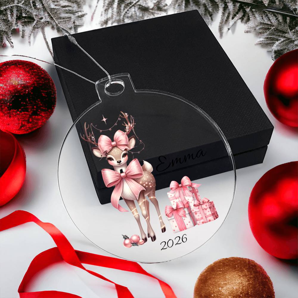 Pink Couquette Reindeer Christmas Ornament