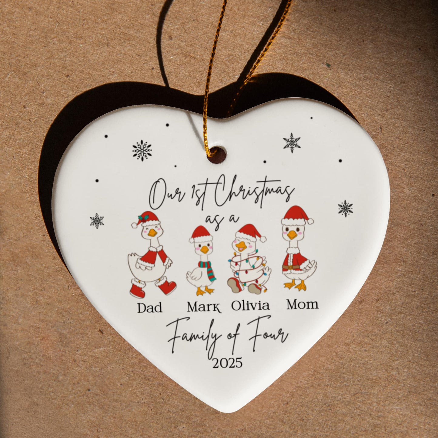 Family of Four Goose Ornament, Christmas Tree Decoration, Heart Ceramic Ornament, Personalized Family Keepsake, Holiday Home Decor