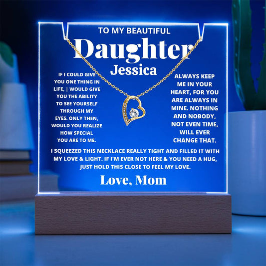 Daughter from Mom LED Acrylic Heart Necklace & Plaque Gift-[Heartfelt Family Gift]