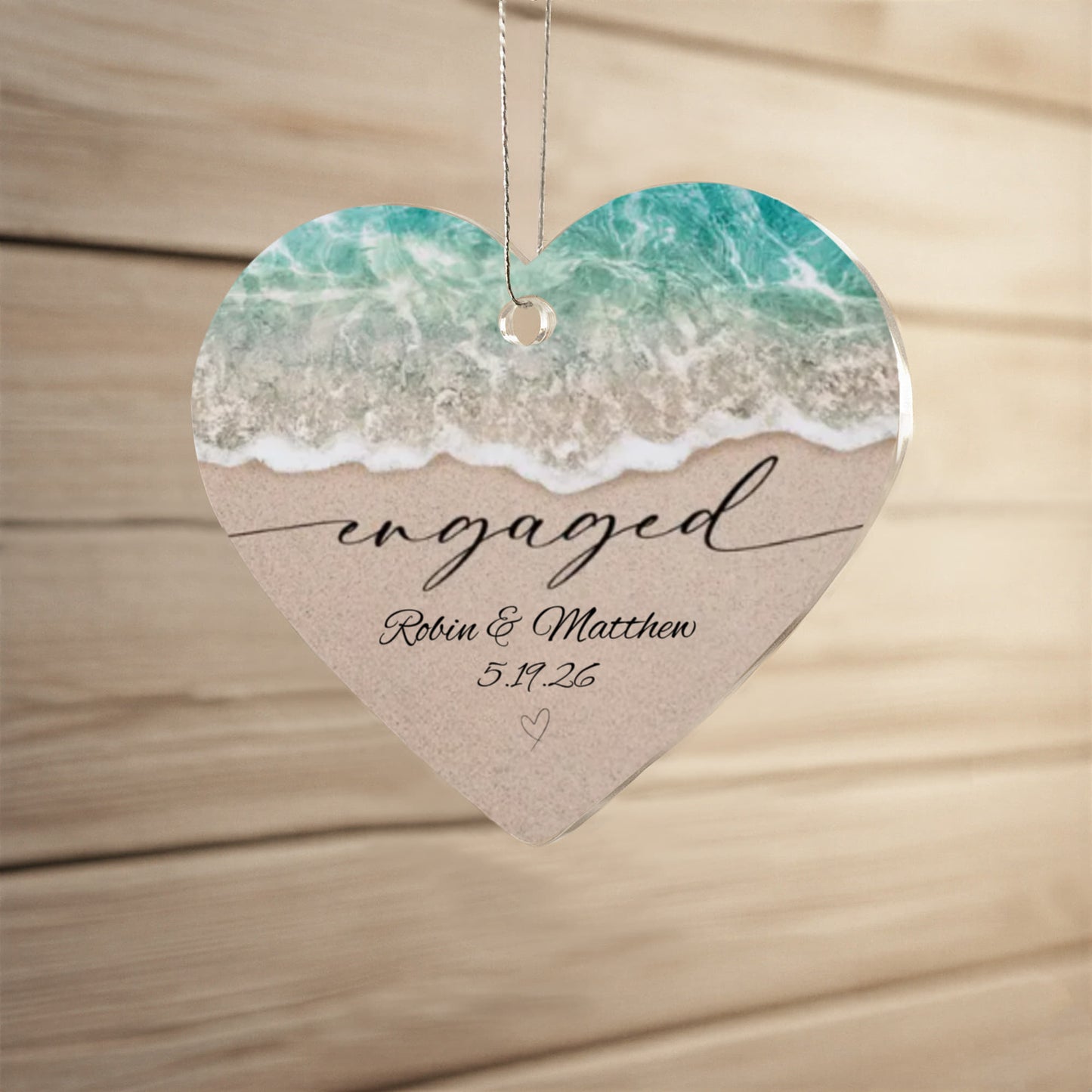 Acrylic Heart Beach Ornament, Personalized Engagement Keepsake, Beach Theme Wedding, Custom Names in Sand Gift