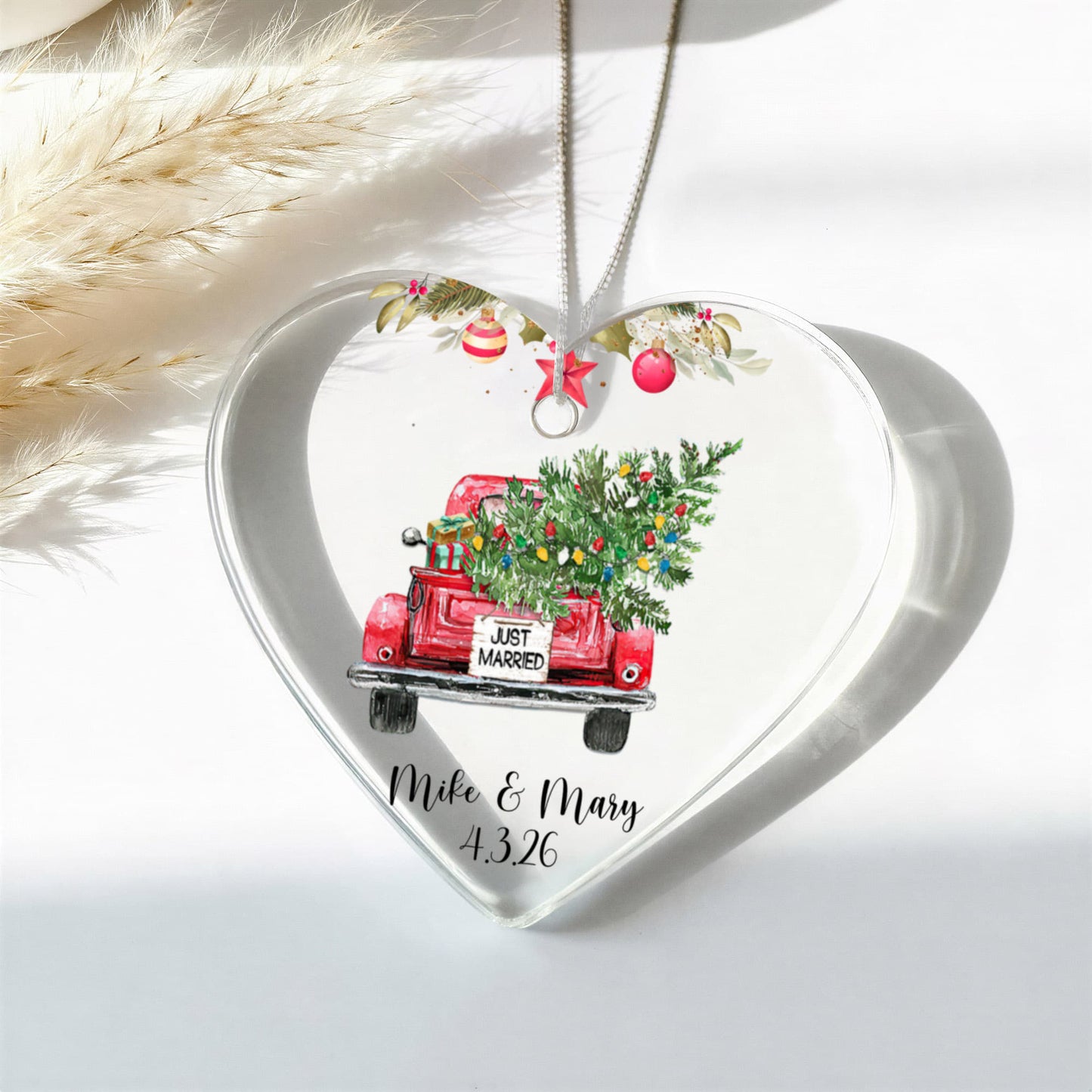 First Christmas Married Ornament, Personalized Acrylic Heart, Vintage Truck Keepsake, Newlywed Holiday Gift, Custom Wedding Ornament