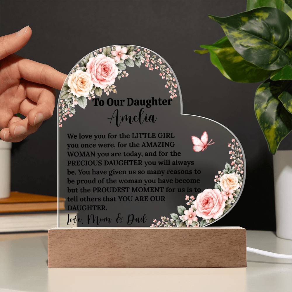 Daughter Lighted Heart Gift, Acrylic Plaque with LED Base, Color-Changing Heart for Birthday, Graduation Keepsake, Wedding Gift