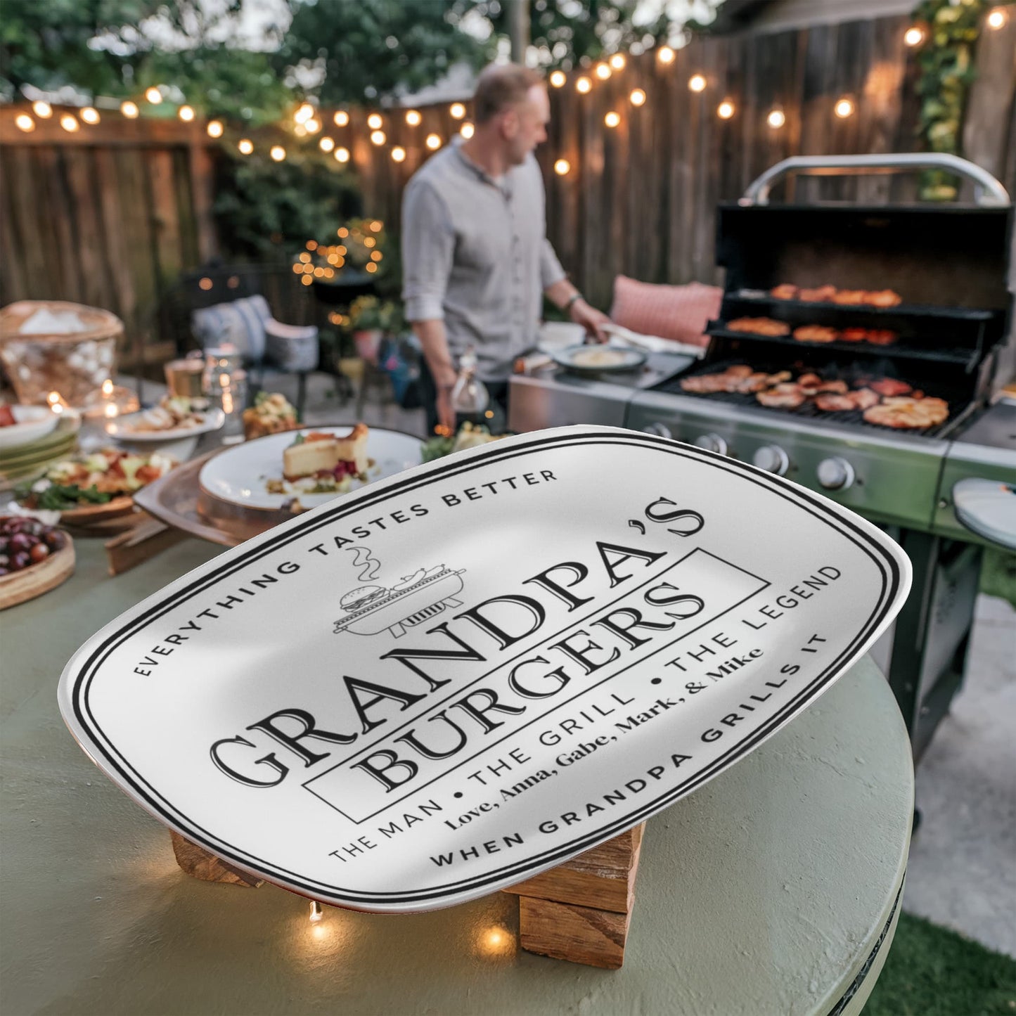 Dads Burger Personalized Plate, BBQ Platter, Custom Grill Gift, Outdoor Dining, Unique Fathers Day Gift, Grilling Accessories