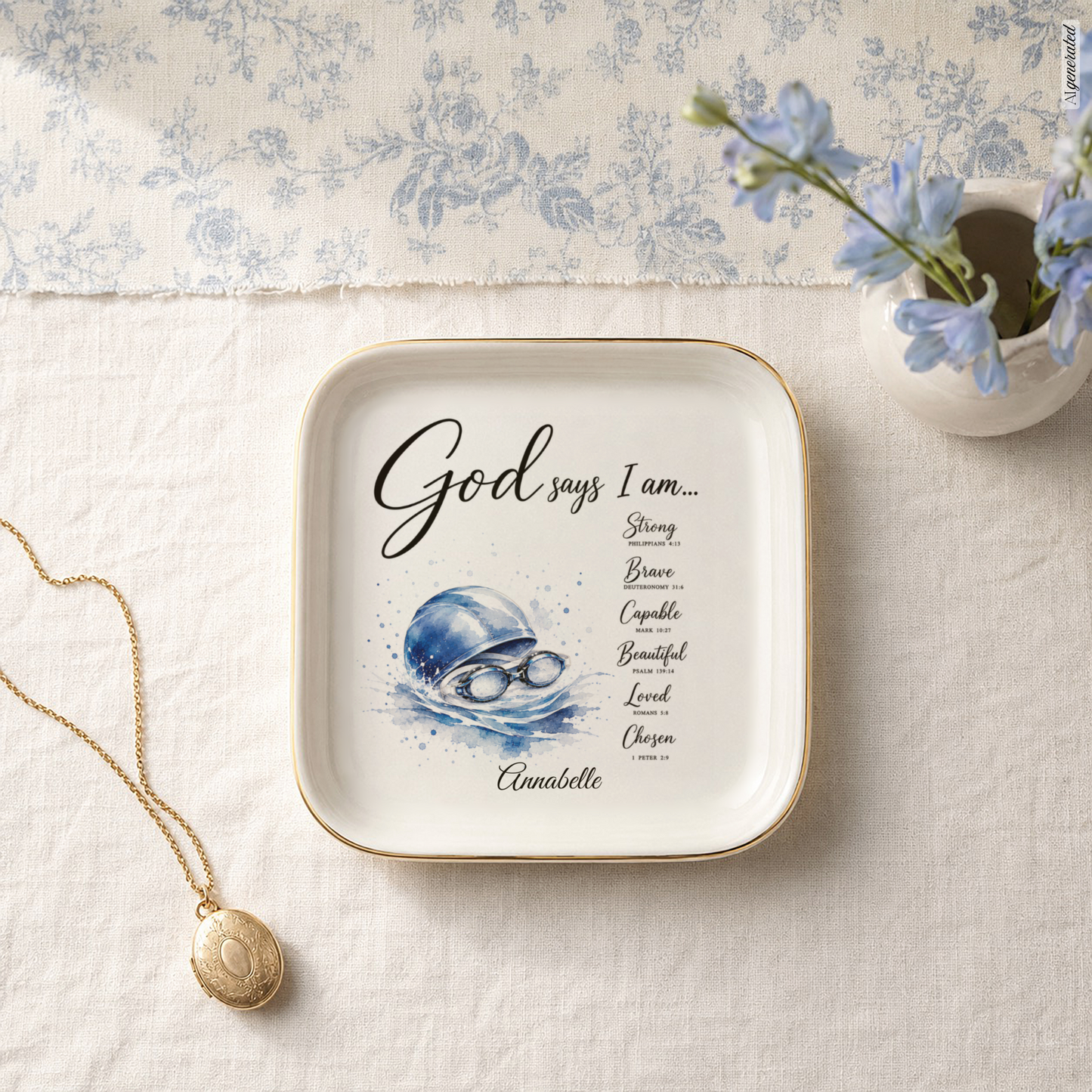 Swimming Christian Jewelry Dish, Swimmer Gift, Faith Trinket Tray, God Says I Am Dish, Personalized Swim Gift, Gold Trim Ceramic Tray