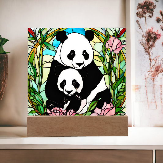 Mama and Baby Panda Acrylic Square Plaque-[Heartfelt Family Gift]