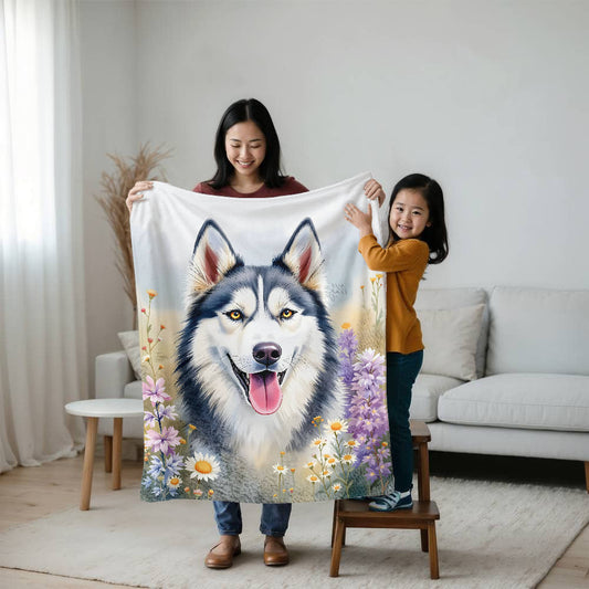 Husky Wildflower Floral Dog Blanket-[Heartfelt Family Gift]