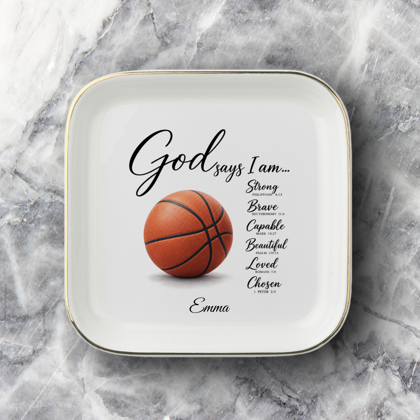 Personalized Christian Basketball Jewelry Dish, Faith Gift for Basketball Player, Encouragement Keepsake, God Says I Am Trinket Tray