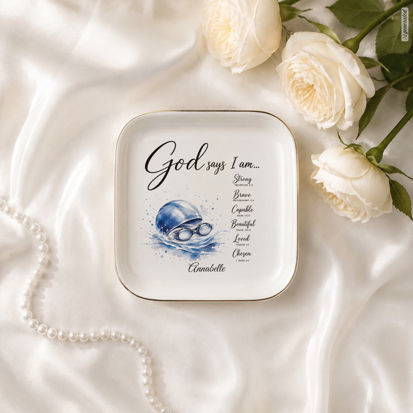 Swimming Christian Jewelry Dish, Swimmer Gift, Faith Trinket Tray, God Says I Am Dish, Personalized Swim Gift, Gold Trim Ceramic Tray