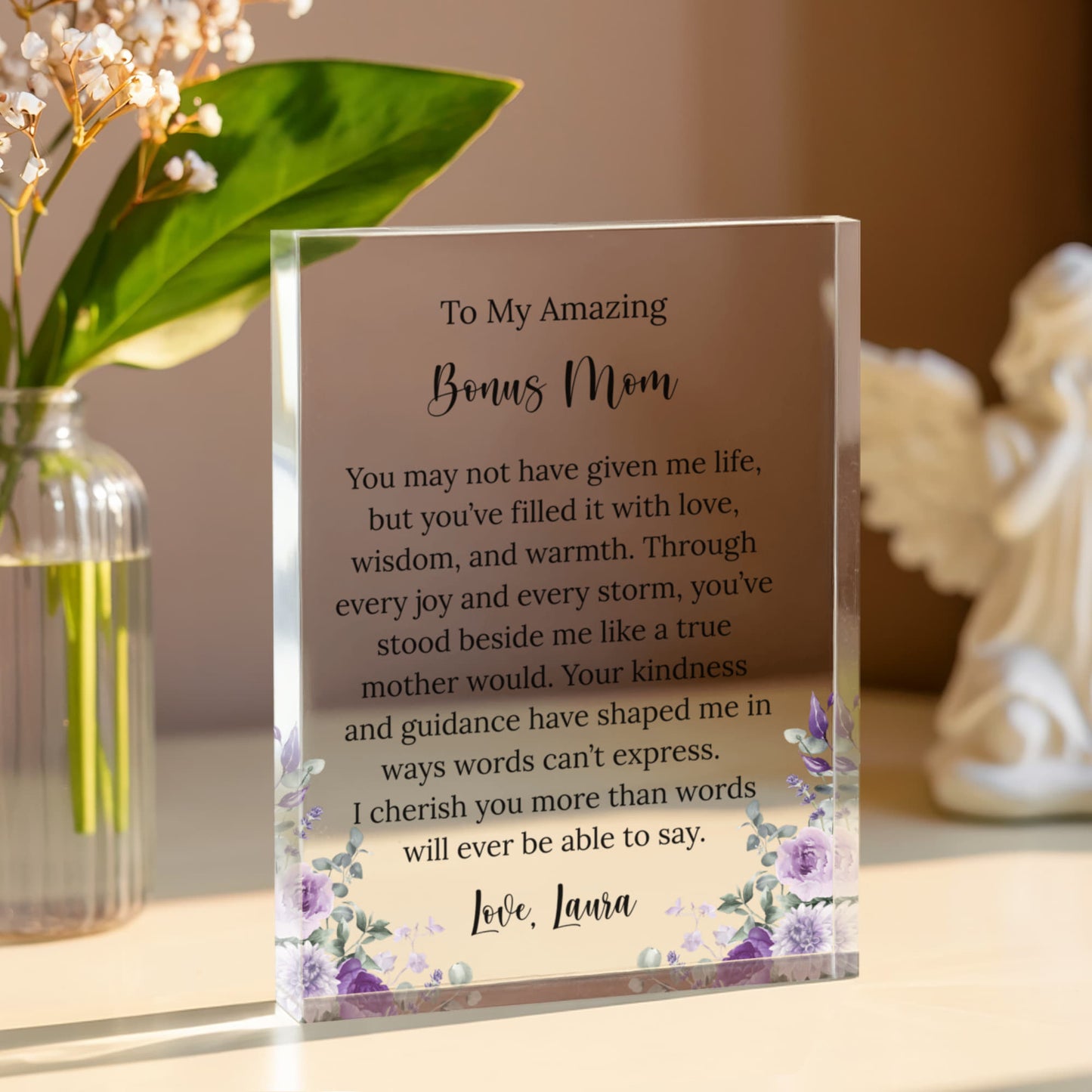 Bonus Mom Floral Acrylic Plaque, Gift for Stepmom, Personalized Keepsake for Bonus Mom, Mother's Day Gift, Custom Floral Plaque