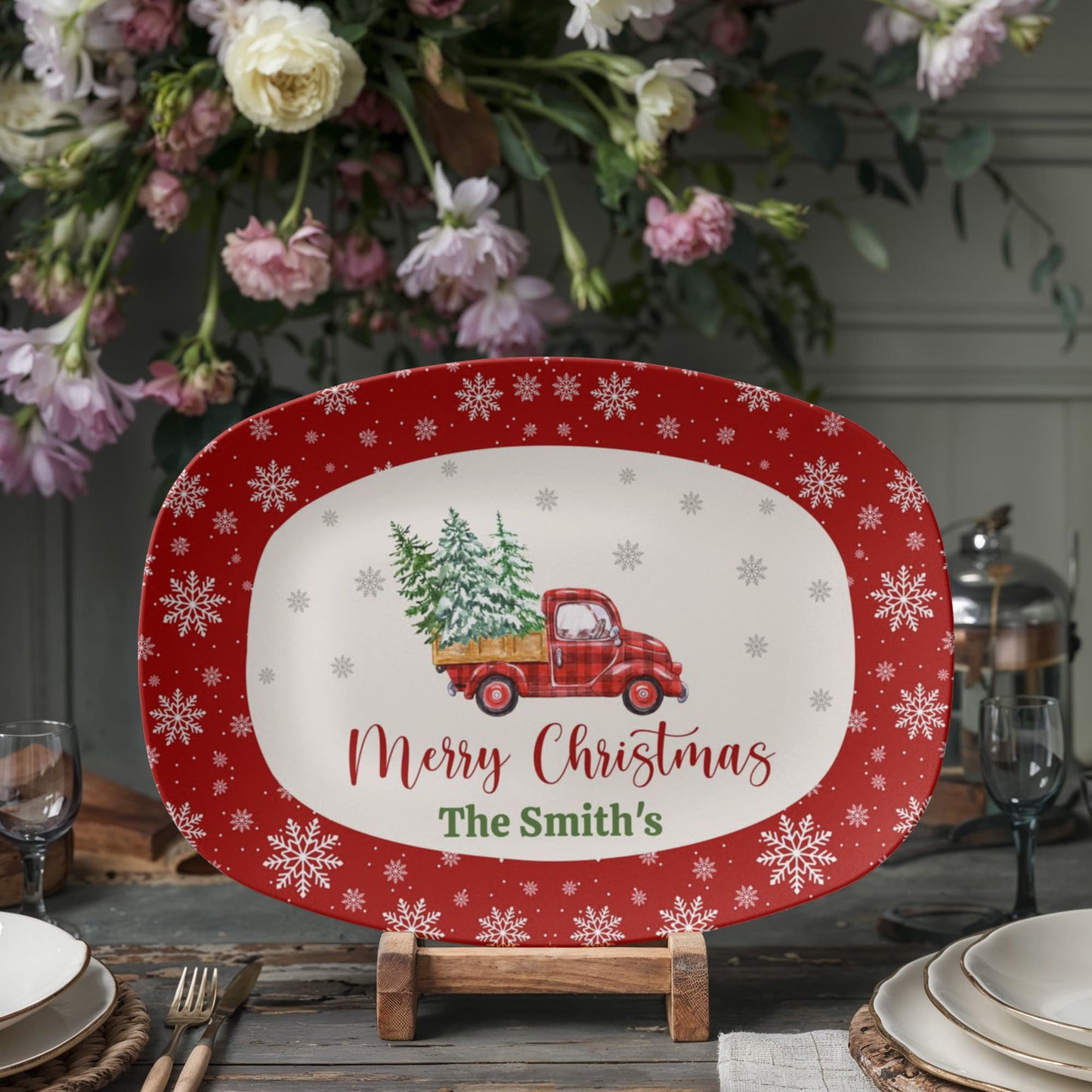 Personalized Christmas Serving Tray, Custom Family Name Holiday Platter, Winter Festive Kitchen Decor, Holiday Gift Idea, 10x14 Platter
