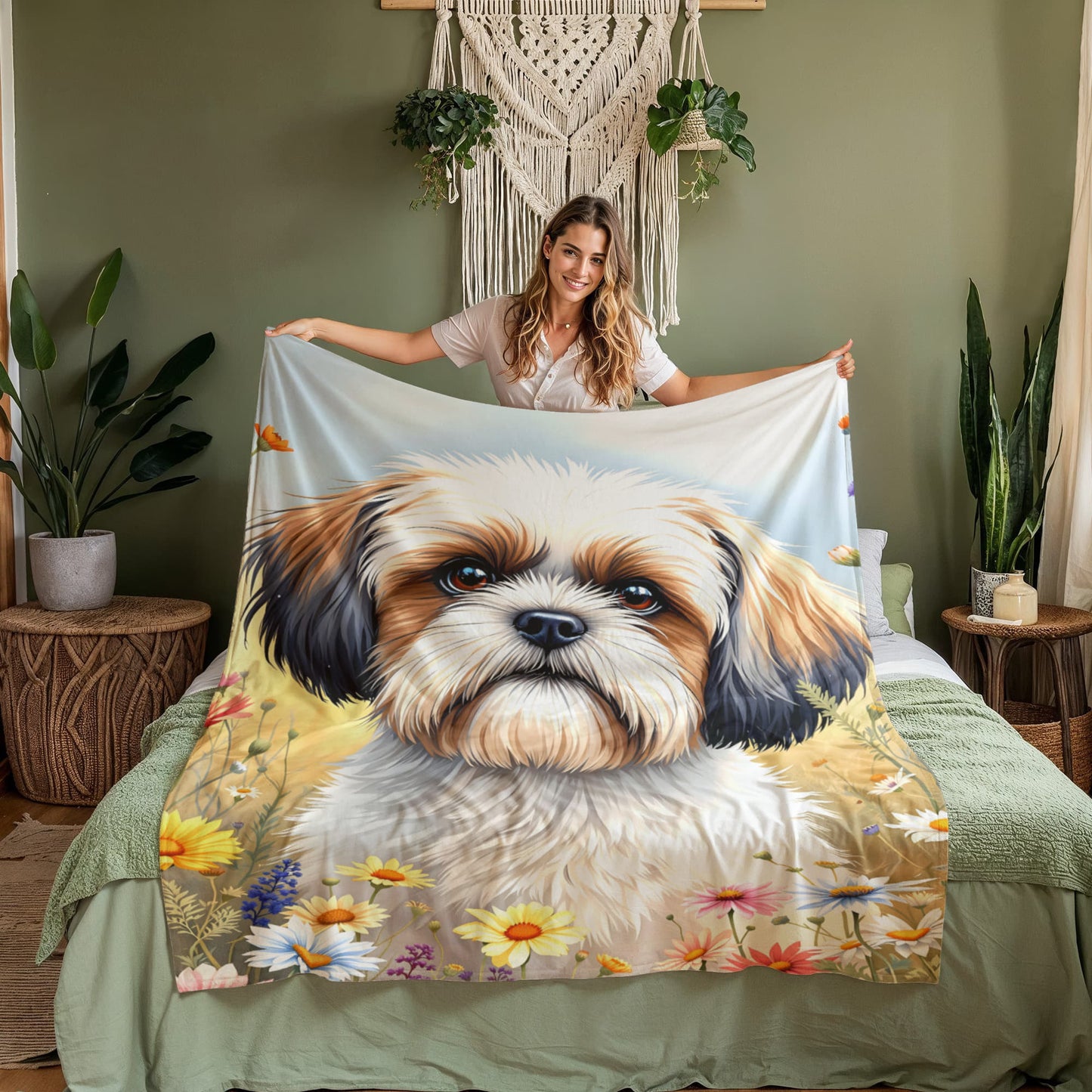Shih Tzu Dog Wildflower Floral Dog Woven Blanket-[Heartfelt Family Gift]