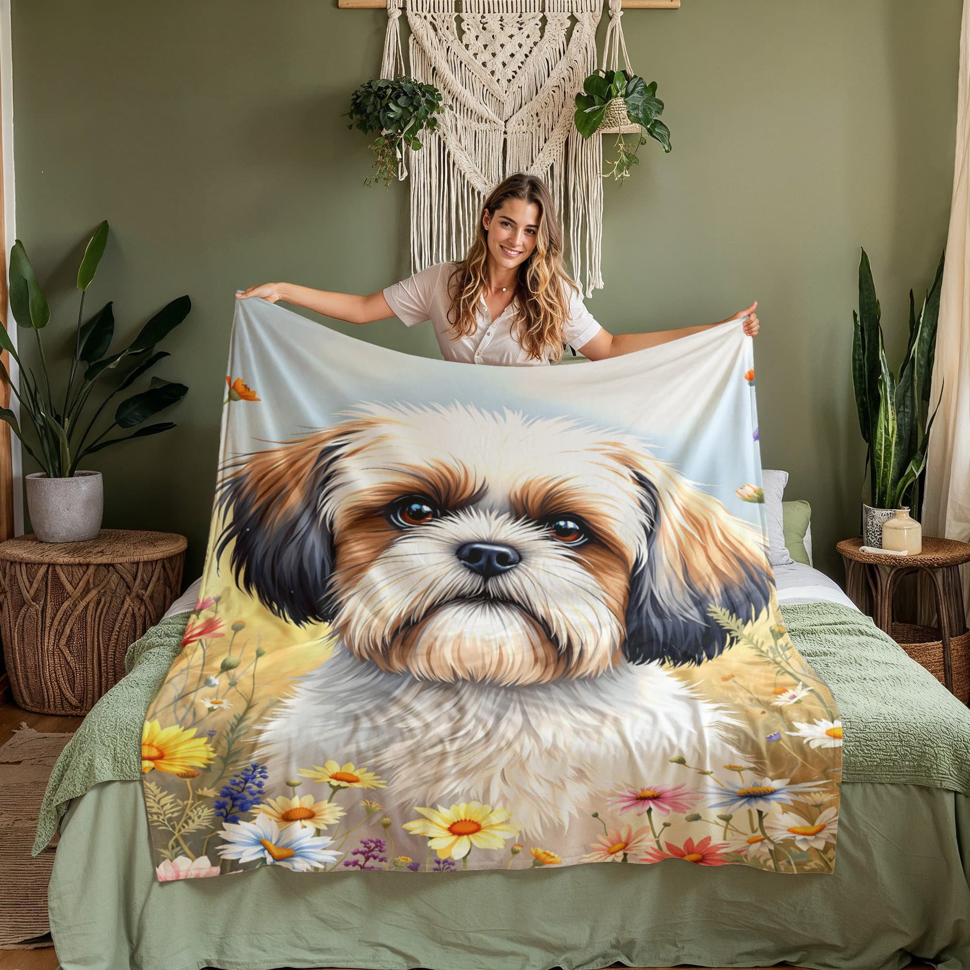Shih Tzu Dog Wildflower Floral Dog Woven Blanket-[Heartfelt Family Gift]