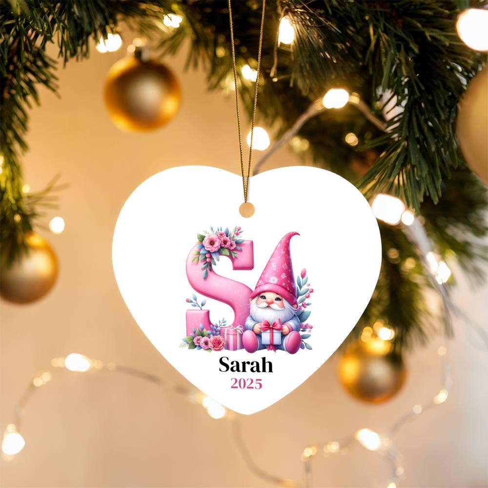Personalized Heart Ornament, Pink Gnome Christmas Gift, Custom Holiday Decoration, Galentine's Heart Gift for Friend, Monogram, Initial