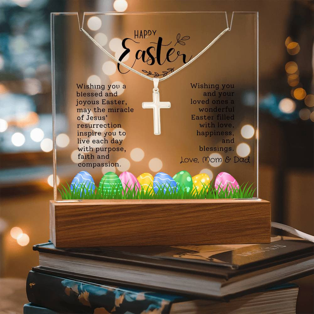 Personalized Easter Cross Necklace with Lighted Acrylic Sign