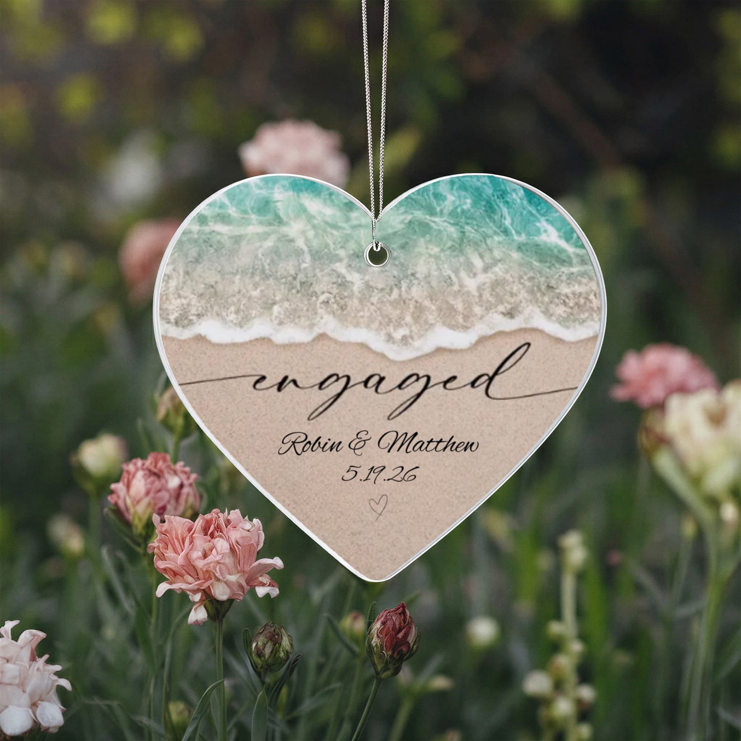 Acrylic Heart Beach Ornament, Personalized Engagement Keepsake, Beach Theme Wedding, Custom Names in Sand Gift